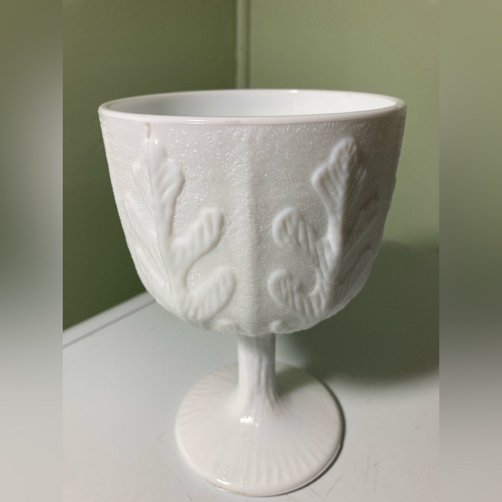 White Embossed Pedestal Goblet Vintage FTD White Milk Glass or Oak Leaf 6 1/2" T